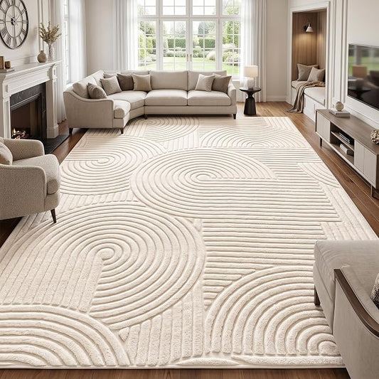 Beige Geometric 9x12 Solid Area Rug, Washable Living Room Rug | Large Ultra Soft Boho Pattern Minimalist Non-Slip Carpet, Rugs for Bedroom, Kids Room, Nursery, Apartment, Home Office