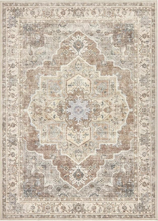 Washable Area Rug-8X10 Vintage Neutral Soft Beige Brown | Non Slip Thin Foldable Large Floor Carpet for Living Room Bedroom Kitchen Dining Room Home Office Farmhouse Indoor