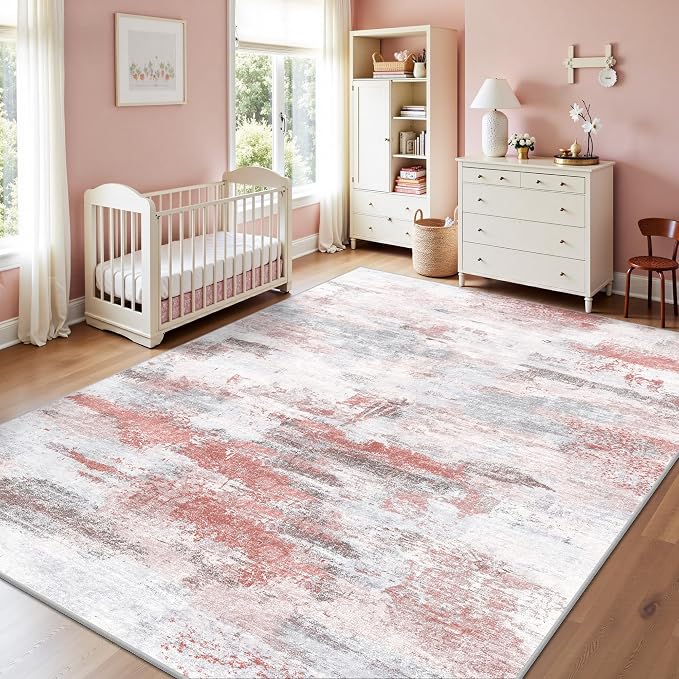 8x10 Rugs for Living Room - Modern Abstract Washable Rug, Ultra Soft Non Slip Low Pile Large Rugs, Floor Carpet for Bedroom Dining Room Office Laundry Nursery Home（Pink & Grey）