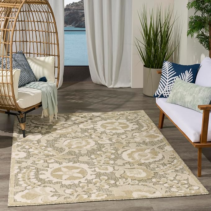 Nourison Home Aloha Ivory Sage 5'3" x 7'5" Area Rug - Easy Clean, Non Shedding, Bed Room, Living Room, Dining Room, Kitchen (5' x 8')