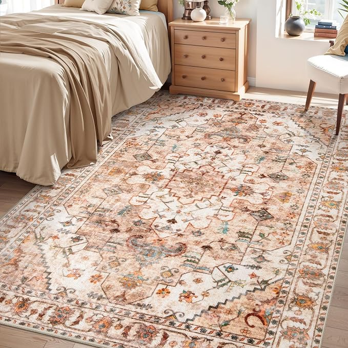 SERISSA 4x6 Washable Non Slip Boho Area Rug for Bedroom，Peach Cream | Ultra Soft Vintage Oriental Carpet Low-Pile Distressed Tribal Throw Carpet for Entry Living Room Nursery Kitchen Dorm Decor