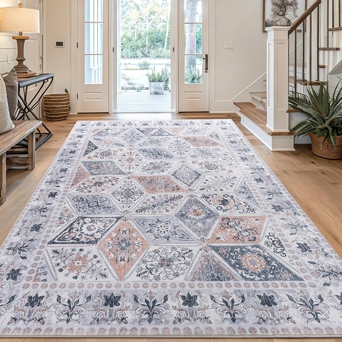 Moroccan Boho Floral Geometric Patchwork Washable 9x12 Large Rug | Vintage Distressed Non Slip Throw Carpet for Bedroom Livingroom Kitchen Hallway Entryway Office Dining Room Docer Light Grey