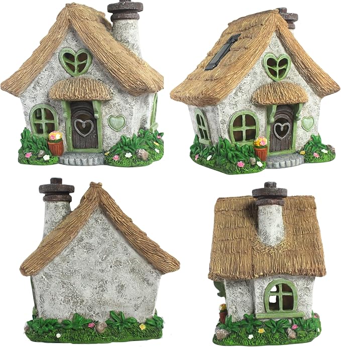 PRETMANNS Fairy House for Outside with Solar Powered LED Lights for Garden - Fairy Garden Houses for Outdoor - Miniature Accessories for Cottage Decor for Village - 7.56” High, Green
