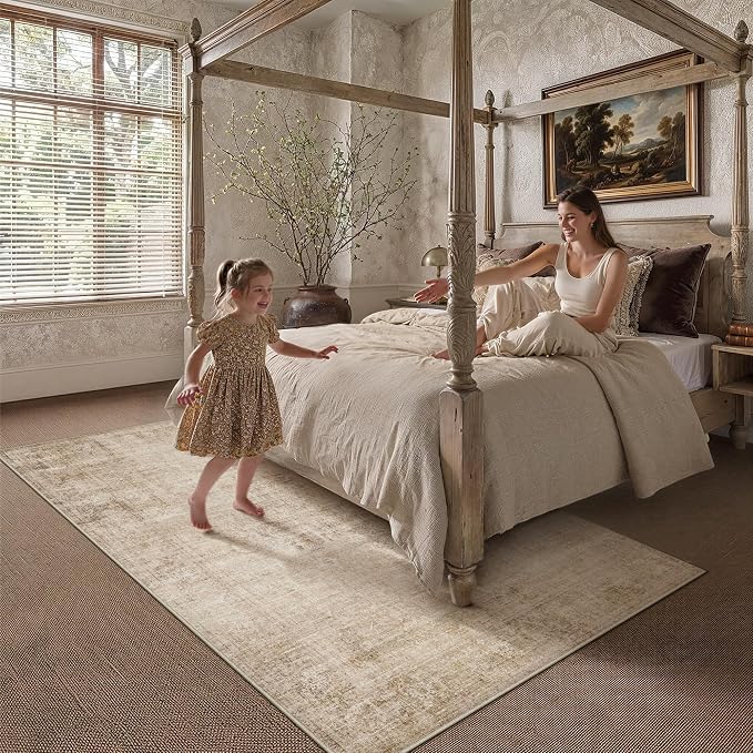 5x7 Beige Vintage Area Rug | Washable, Non Slip, Soft Low Pile, Neutral Farmhouse, for Living Room Bedroom Dining Room Office Indoor Home Decor