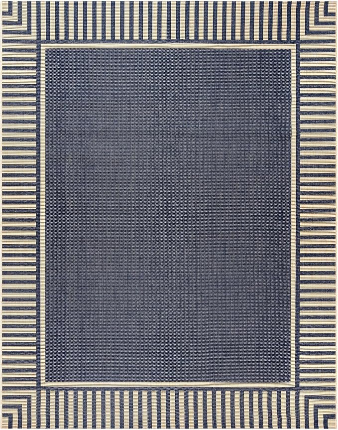 Gertmenian Indoor/Outdoor Flatweave Area Rug - 9x13 Extra Large, Stain & UV Resistant, Ideal for Deck, Patio, Poolside, Mudroom - Klano Striped Navy, Sand, 25418