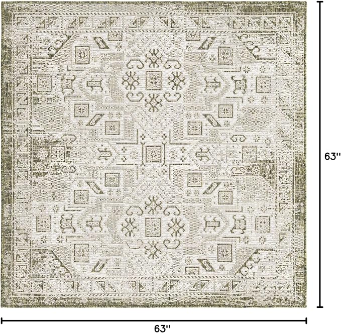 Unique Loom Outdoor Aztec Collection Area Rug - Coba (5' 3" Square, Green/ Ivory)