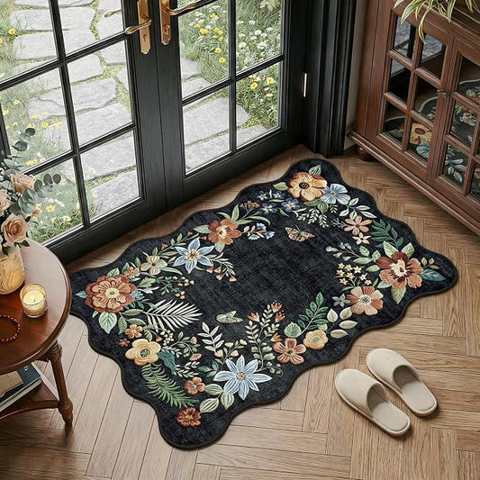 FMFUNCTEX 2x3 Washable Black Floral Vintage Flower Colorful Entryway Rug | Vintage Traditional Door Mat Non Slip Low Pile Boho Indoor Soft Patterned Small Throw Rugs Entry Way Entrance Kitchen Laundry