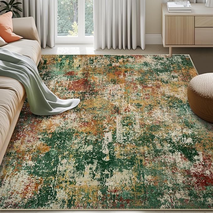 RELEANY Washable 6'x9' Abstract Area Rug for Living Room Green Multi | Carpet for Bedroom, Kitchen, Office, Hallway and Entryway, Printed Pattern, Non‑Slip, Soft, Stain‑Resistant, Easy to Clean