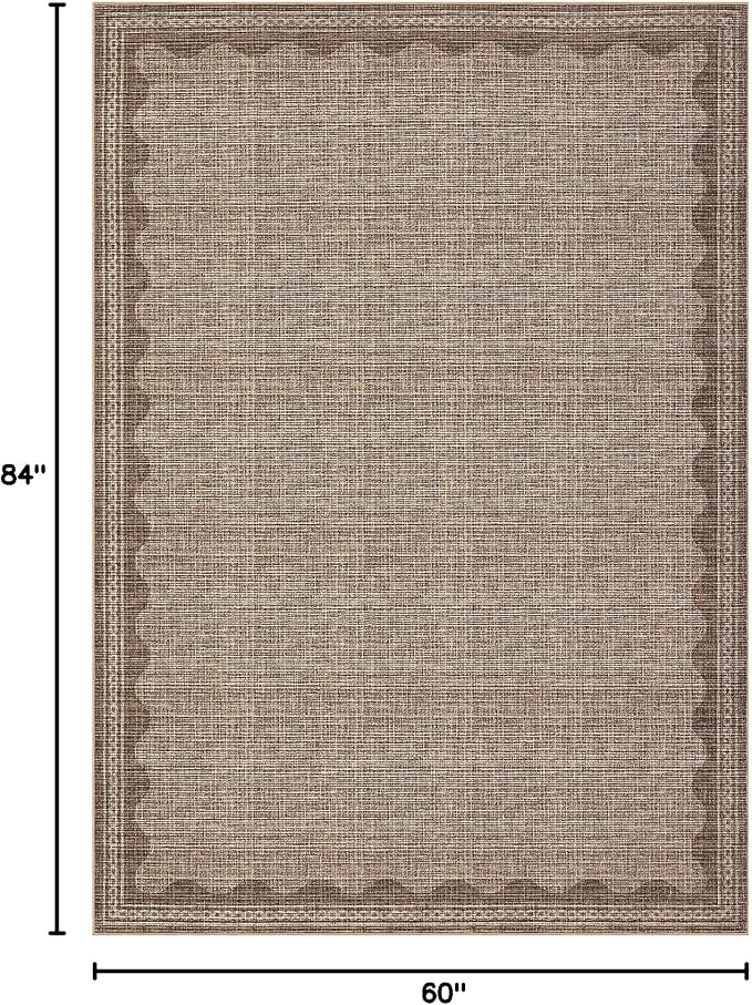 5x7 Scalloped Area Rugs Coffee Washable Living Room Bedroom Rug | Solid Tan Rug for Bedroom Girls, Non Slip Throw Carpet With Rubber Back, Soft Dorm Nursery Scalloped Rugs for Dining Room
