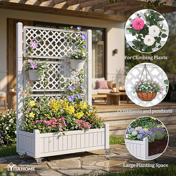 YITAHOME 43.3x17.7x61 in Planter Boxes Outdoor with Trellis, Resin Raised Garden Bed with Wheels & Drain Plug for Climbing Plants, Weather-Resistant Design Elevated Garden Bed with Trellis, White
