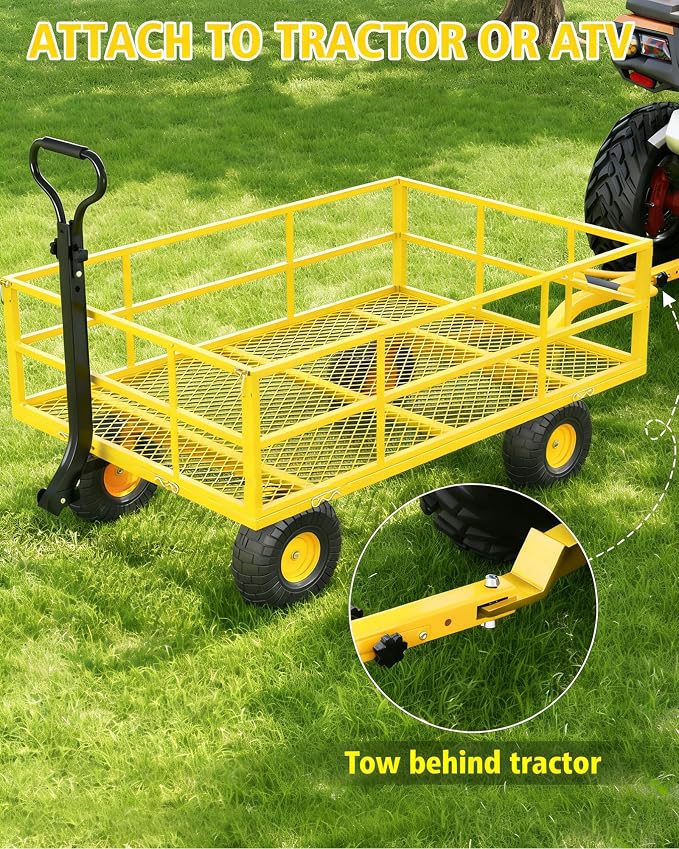Garvee Steel Garden Cart, 1200 LBS Capacity Utility Outdoor Wagon, Heavy Duty Mesh Garden Wagon with Removable Sides, 2-in-1 Handle, 13" Tires for Yard, Lawn, Garden