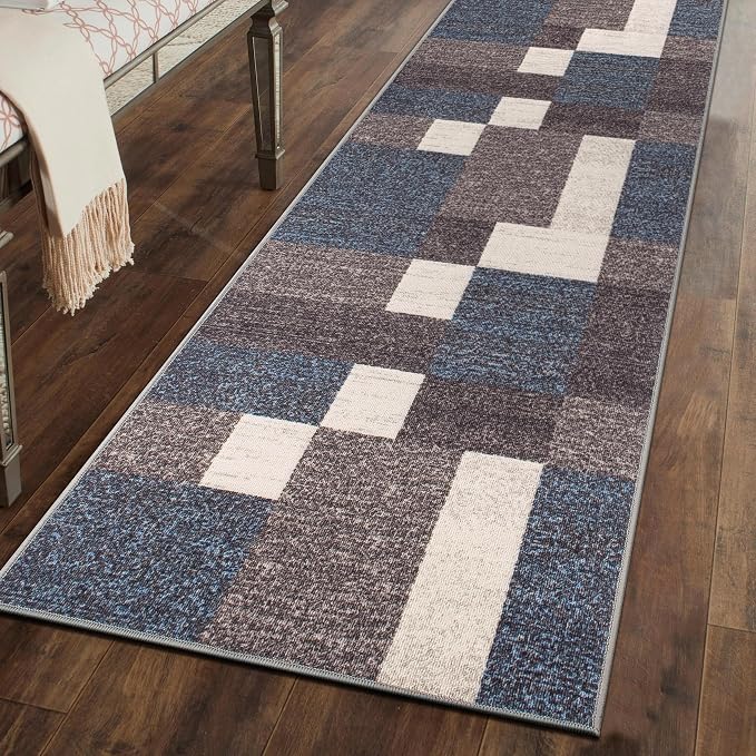 Rugshop Modern Boxes Non-Slip Geometric Runner Rug Blue 2'7" x 6' | Rectangular, Size 2'7" x 6', Living Room, Bedroom, Dining Room, Home Office, Kitchen, Entryway, Hallway, Nursery, Kids Room