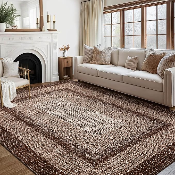 RUGSREAL 8x10 Washable Area Rug for Living Room with Rubber Backing | Stain Resistant Large Bedroom Throw Carpet Modern Geometric Floor Cover Modern Border Rug for Home Decor Office, Brown