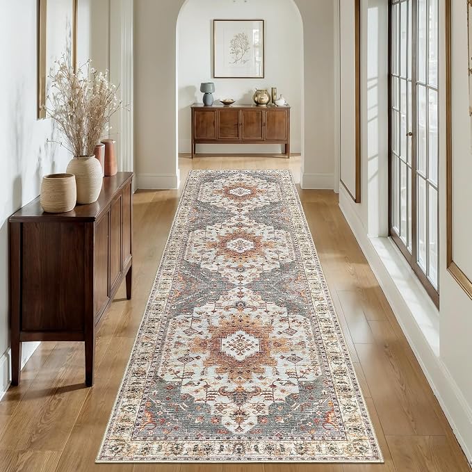 Tangsoo Oriental 2.6x12 Hallway Runner Rugs Washable Runner Rug Non Slip | Vintage Soft Low Pile Long Rug Runners, Oriental Boho Print Indoor Carpet Runners for Kitchen Bedroom Living Room Turmeric