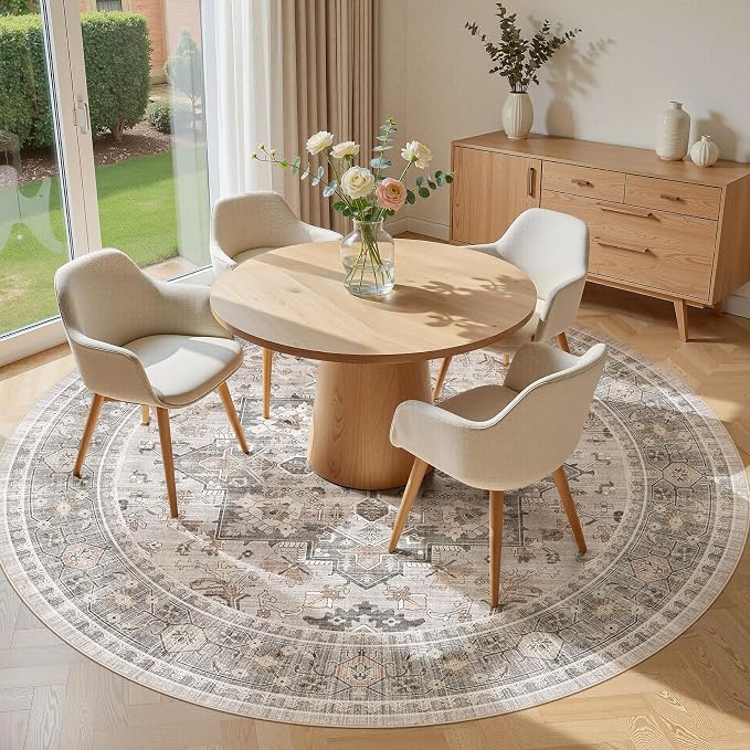 Washable Area Rug-8X8 Vintage Neutral Soft Taupe | Non Slip Thin Foldable Large Floor Carpet for Living Room Bedroom Kitchen Dining Room Home Office Farmhouse Indoor