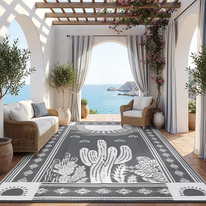 Garvee Waterproof Outdoor Rug 5x8, Cactus Botanical Outdoor Plastic Straw Rug for Camping, Reversible RV Mat Outside, Indoor Outdoor Carpet for Porch, Deck, Backyard, Balcony, Picnic, Grey