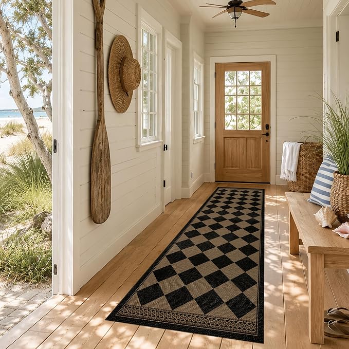 Black and Brown Easy Jute Hallway Runner Rug 2‘6”x8’, Washable Checkered 8ft Kitchen Runner Thin & Non Slip, Boho Diamond Checkerboard Indoor Outdoor Rug for Entryway Stain Resistant