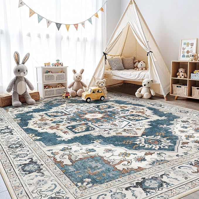 Washable Area Rug-10X12 Vintage Neutral Soft Vintage Blue | Non Slip Thin Foldable Large Floor Carpet for Living Room Bedroom Kitchen Dining Room Home Office Farmhouse Indoor