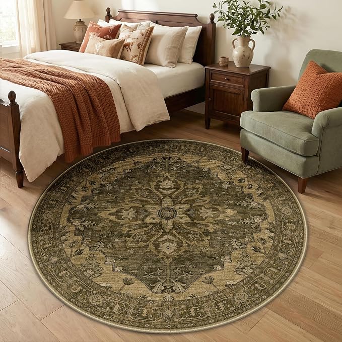 RELEANY Washable Area Rug, Round 5ft, Brown/Dark Brown | Non-Slip, Water Repellent, Pet Friendly, Easy to Clean, Vintage Floral Boho Decor for Living Room Bedroom Dining Room