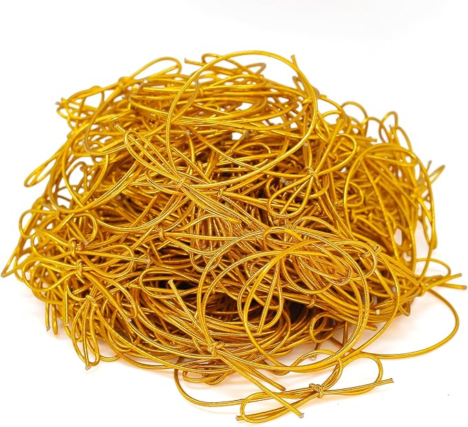 FQTANJU 200 Pcs 8 Inch Gold Stretch Loops with Pre Tied Bows Metallic Elastic Ribbon String Gold Elastic Cord for Gift Wrapping Crafts Tags Gift Boxes Bow