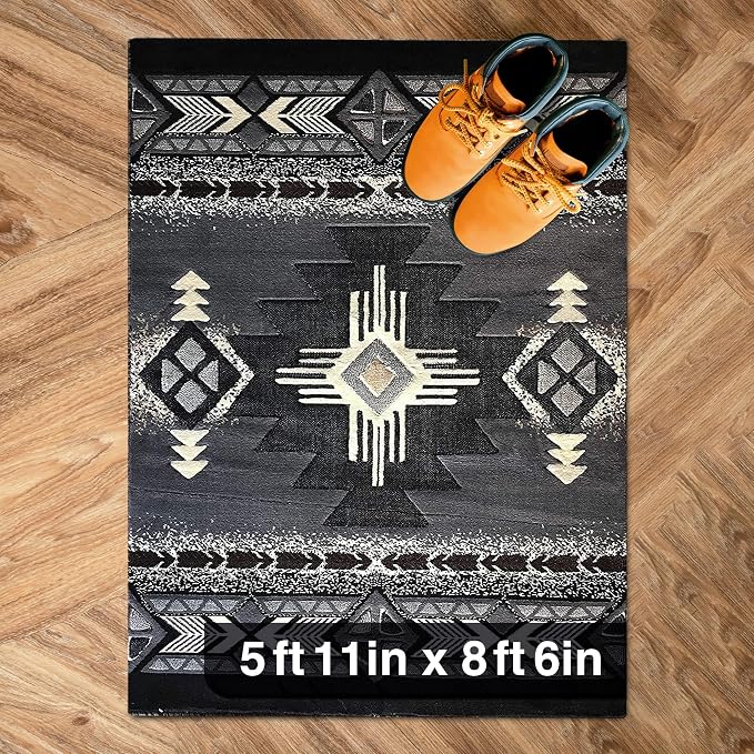 YHSF South West Native American Area Rug C318 - Easy Clean, Thick, Soft, Durable Native Tribal American Indian Inspired Rug for Bedroom/Living Room and More - Grey, 5 Feet 11 Inches x 8 Feet 6 Inches