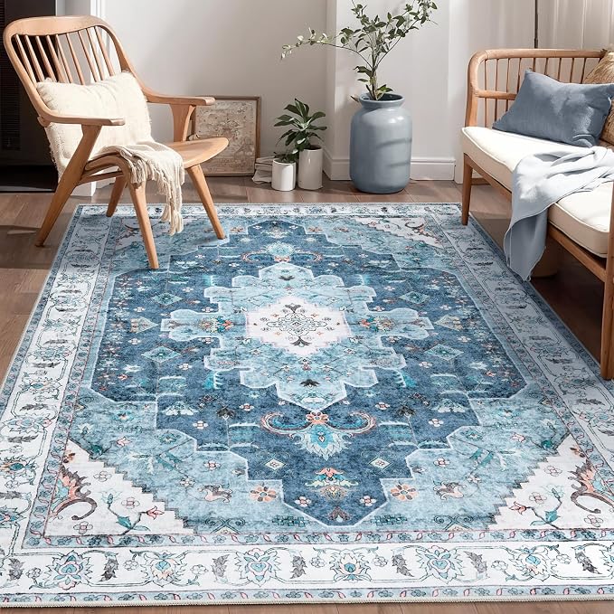 SERISSA 4x6 Washable Non Slip Boho Area Rug for Bedroom | Ultra Soft Vintage Oriental Carpet Low-Pile Distressed Blue Throw Carpet for Entry Living Room Nursery Kitchen Dorm Decor