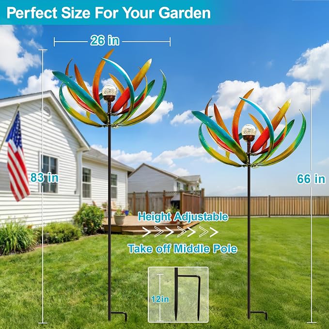 83" Large Solar Wind Spinner Outdoor - Metal Tulip Flower Sculpture with Multi-Color LED Glass Ball - Waterproof Kinetic Yard Art for Garden Lawn Patio, Mother’s Day Birthday Gardening Gifts