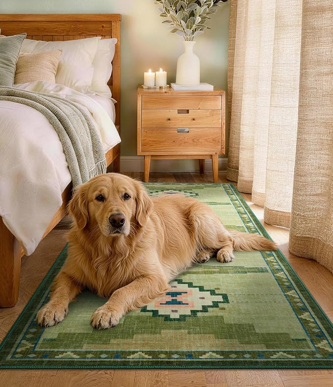 YIHOUSE 2‘x6' Non-Slip Green Mid Century Modern Runner Rug for Kitchen | Washable, Low Pile, Funky Retro Aztec Long Rug for Hallway Entryway Bedroom