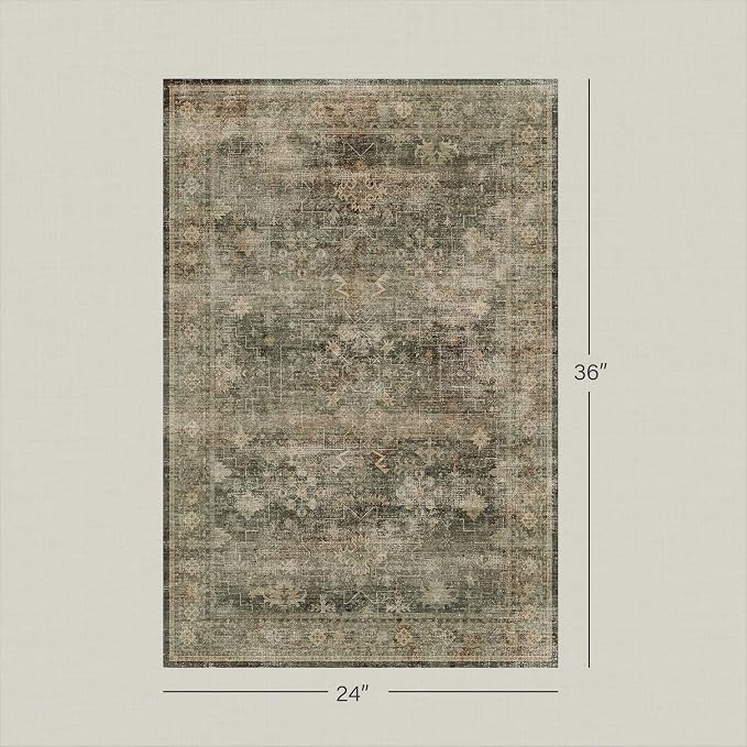 Washable 2x3 Entry Rug for Entryway, Bathroom & Kitchen, Moss Green Low Pile Non-Slip Front Door Mat, Vintage Cottagecore Distressed Geometric Accent Rug, Stain Resistant, Easy to Clean