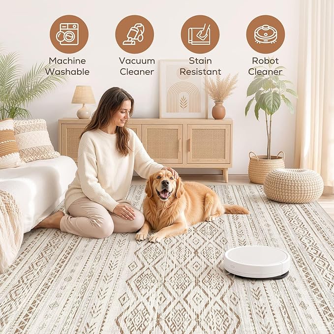 Nakagishi Area Rug Living Room Rugs: 6x9 Large Soft Machine Washable Boho Moroccan FarmNeutral Stain Resistant Indoor Floor Carpet for Bedroom Under Dining Table Home Office Decor-Brown
