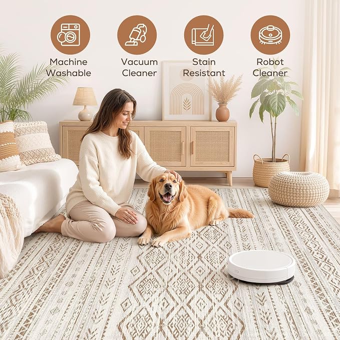 Nakagishi Area Rug Living Room Rugs: 10x14 Large Soft Machine Washable Boho Moroccan FarmNeutral Stain Resistant Indoor Floor Carpet for Bedroom Under Dining Table Home Office Decor-Brown