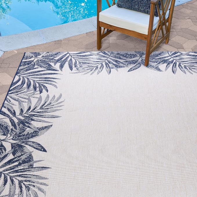 Gertmenian Indoor/Outdoor Flatweave Area Rug - 8x10 Large, Stain & UV Resistant, Ideal For Deck, Patio, Poolside, Mudroom - Palm Tree Border, Navy Blue, 22939