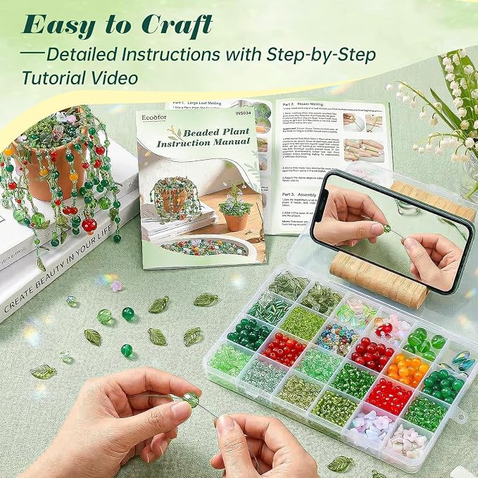 Ecoofor Green Beads Beaded Plant Kit DIY Plant Kit, Green Glass & Crystal Leaf Beads, Video Tutorials, Desk Gifts, Handmade Gifts for Plant Lovers