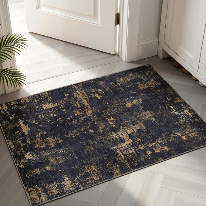 Sasttie 2x3 Entryway Area Rug, Modern Abstract Small Carpet, Black & Gold | Machine Washable, Ultra-Soft Faux Wool, Non-Slip, Low Pile, Thin, for Entrance, Door-Mat, High-Traffic Areas