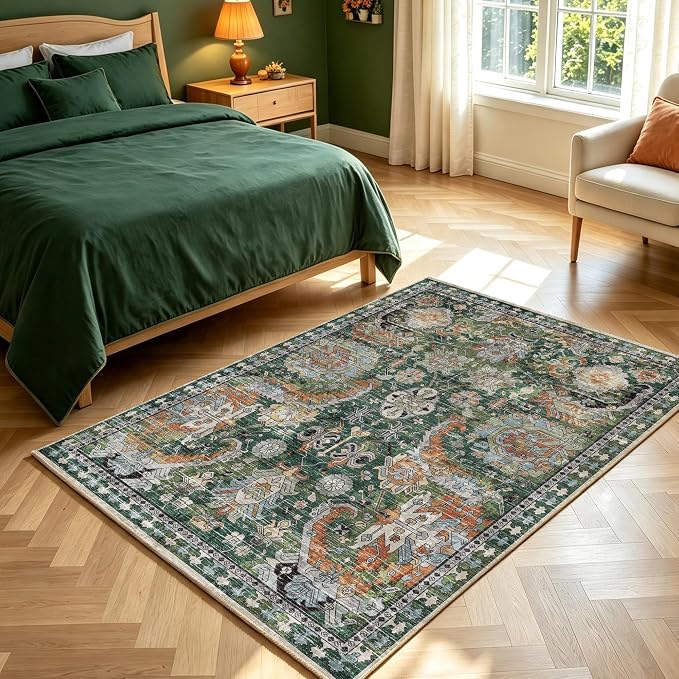 Washable Area Rugs - Perfect for Living Room, Bedroom, Kids Room, Nursery - Stain & Water Resistant Non-Slip, Pet & Child Friendly, Vintage Tribal Area Rugs (Green, 3' x 5 ')
