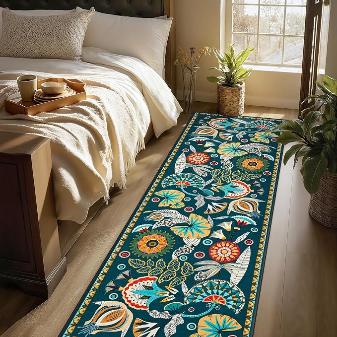 Joydeco Egypt Floral Boho 2x8 Washable Hallway Kitchen Runner Rug Non Slip | Dark Green Botanical Colorful Non Slip Stain Resistant Low Pile Flower Indoor Carpet Runner for Entry Laundry Room Bathroom