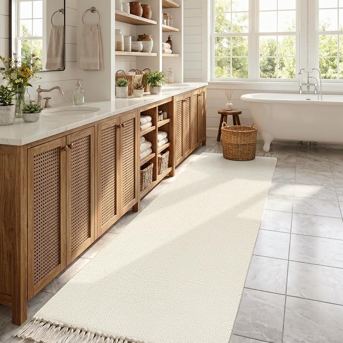 Rug Runners for Hallways, Boho Washable Kitchen Rugs | 2.6' x 10' Farmhouse Indoor Entry Hall Carpet, White Modern Hand Woven Bathroom Runner Rug for Bedroom Entrance Porch Decor