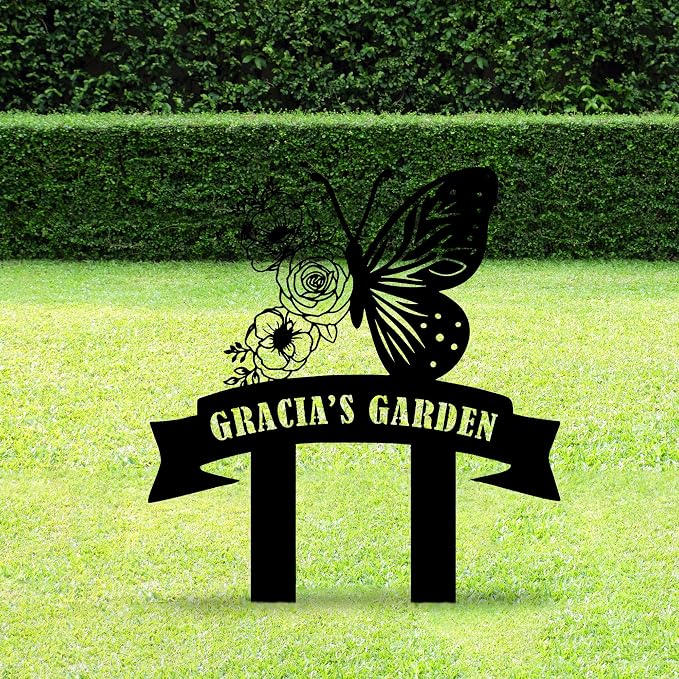 Personalized Butterfly Metal Garden Sign with Stake, Custom Garden Decor for Outdoor, Custom Large Family Name Sign, Patio Decorations, Lawn Art, Farmhouse Decorative, Housewarming Gift