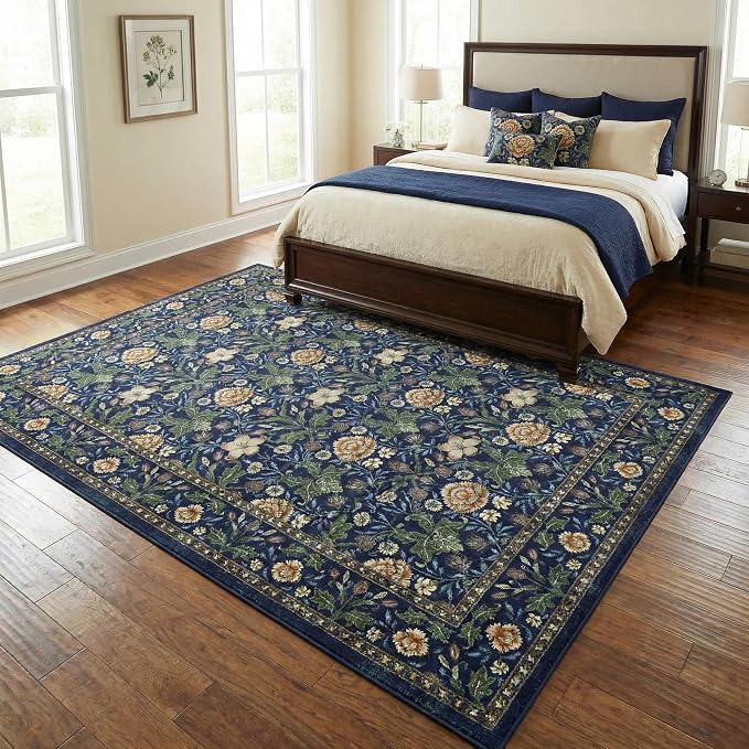 GarveeHome Washable Area Rug 6x9, Soft Vintage Floral Bedroom Rug Non Slip Low Pile Forest Green Carpet Stain Resistant Retro Navy Throw Rug for Bedside Kids Room Office Dining Room