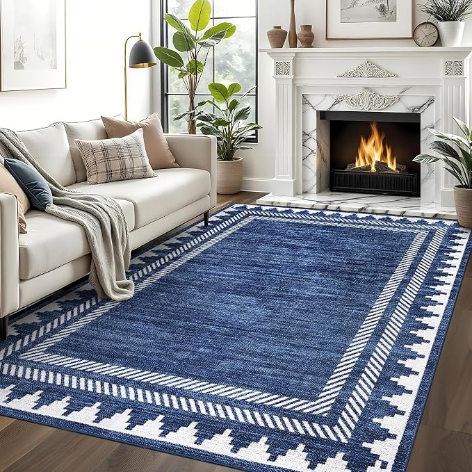 GarveeHome Area Rug 9x12 Modern Geometric Rug with Non Slip TPR Backing, Unique Bordered Neutral Washable Carpet, Soft Low Pile Floor Covering Non Shedding Neutral Mat for Open Spaces Office, Blue