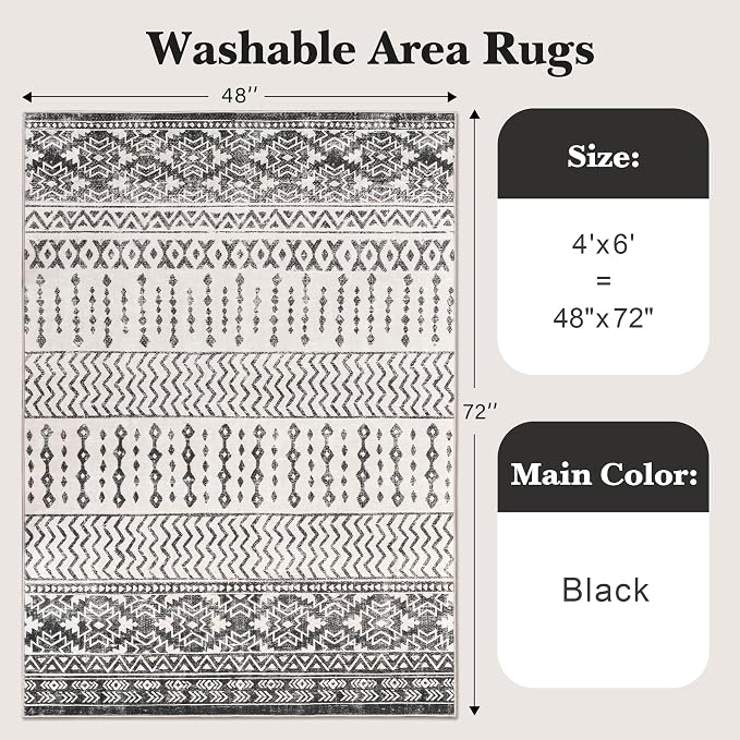 Art&Tuft 4x6 Area Rug Non Slip, Moroccan Washable Rugs for Bedroom, Black | Low Pile, Soft & Lighweight, Thin, Folable, Stain Resistant Indoor Carpet for Living Room, Kitchen, Coffee Table, Powder Room