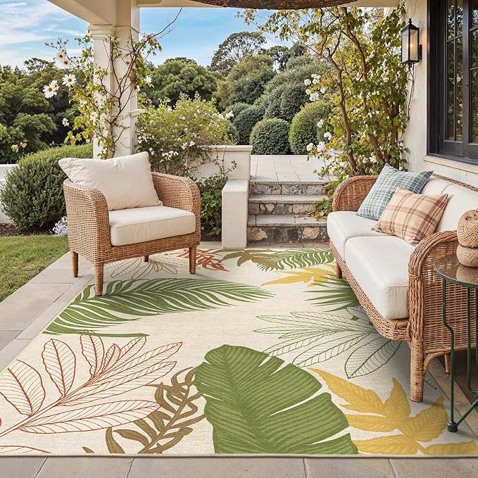 GENIMO Outdoor & Indoor Area Rug 4'x6', Waterproof, Non-Shedding, Easy Cleaning, Leaf Mat for Patio, Living Room, Balcony, Dining Room, RV, Deck, Bedroom, Camping, Outside Carpet, Olive Mustard