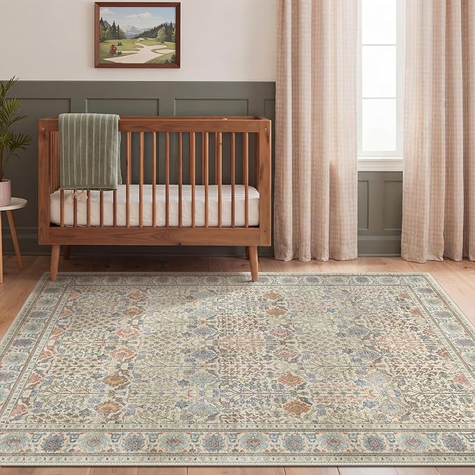 3x5 Area Rug for Living Room, Washable Low Pile, Earth Yellow | Vintage Distressed Design, Spill Resistant Lightweight Non-Shedding Carpet for Bedroom, Dining Room, Office