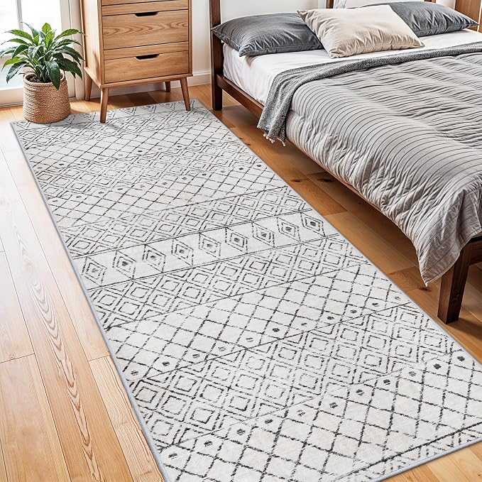 Moroccan 3x8 Runner Rug Hallway: Washable Farmhouse Non Slip Runners Grey | Low Pile Soft Kitchen Rugs - Geometric Modern Indoor Floor Neutral Carpet for Bedroom Entryway Laundry