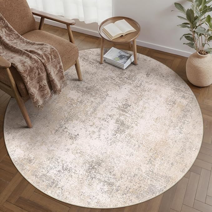 5ft Round Beige Modern Abstract Washable Rug for Living Room | Low Pile, Non Slip, Modern Abstract Style, Soft Round Rug for Living Room, Bedroom, Dining Room, Home Decor