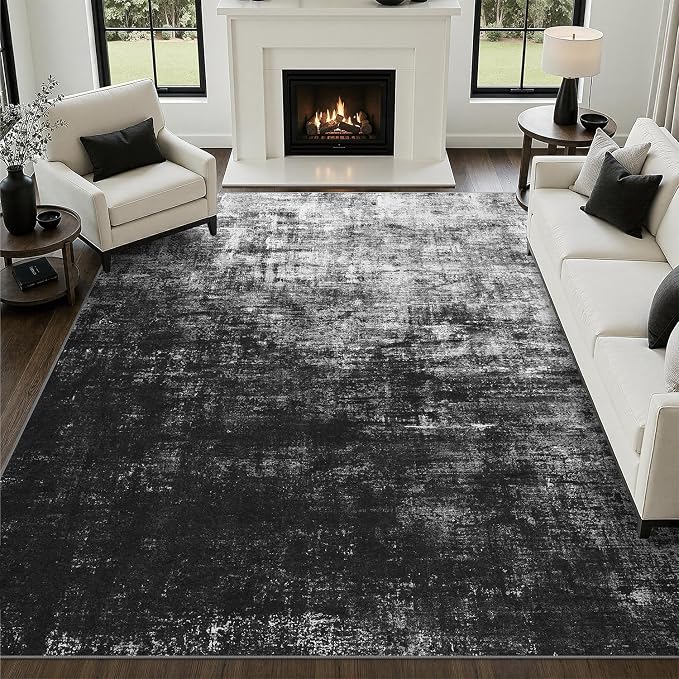 DCX Washable Abstract Area Rug 8x10, Non Slip Low Pile Rug, Black | Easy to clean, non-shedding, soft, kid & pet friendly, with a non-slip rubber backing for living rooms, bedrooms, and offices