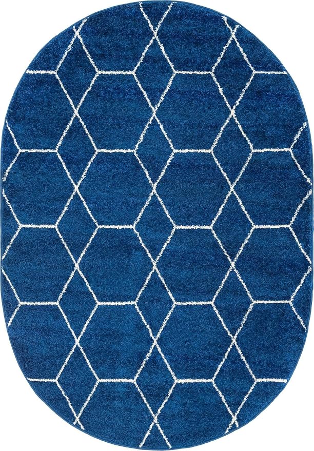 Unique Loom Trellis Frieze Collection Area Rug - Geometric (4' x 6' Oval, Navy Blue/ Ivory)