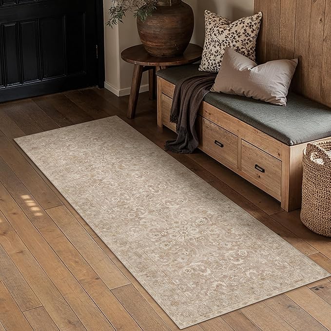 Brown 2x6 Washable Runner Rug Kitchen Vintage Distressed Carpet | Soft Low Pile, Non Slip, Stain Resistant, Retro Accent Decor for Hallway, Entryway, Laundry Room, Bathroom