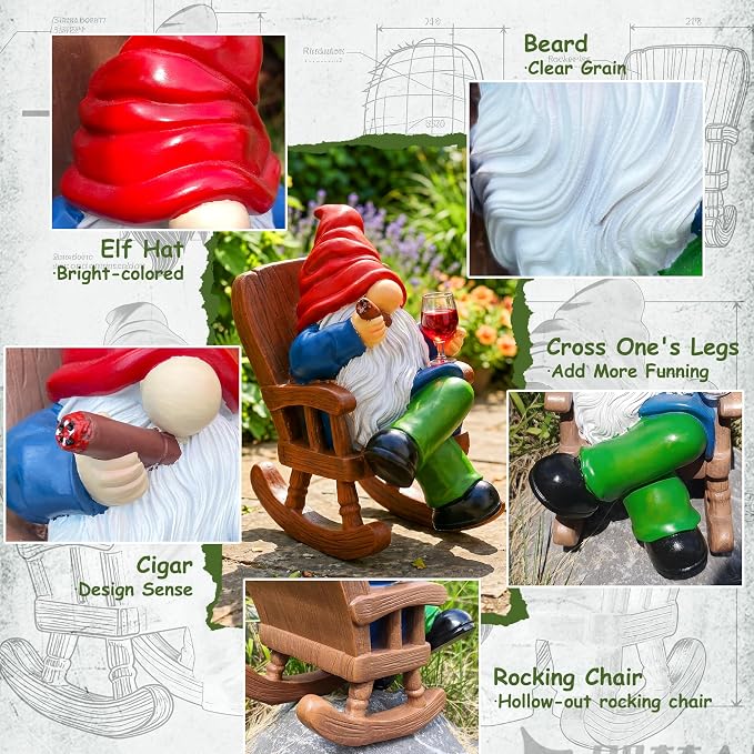 Funny Garden Gnomes for Outdoor, 7 Inch Gnomes Decorations for Yard with Rocking Chair & Wine Glass, Gnome Garden Decor for Home Patio Lawn, Gnomes Gifts for Women Spring Summer Christmas Halloween