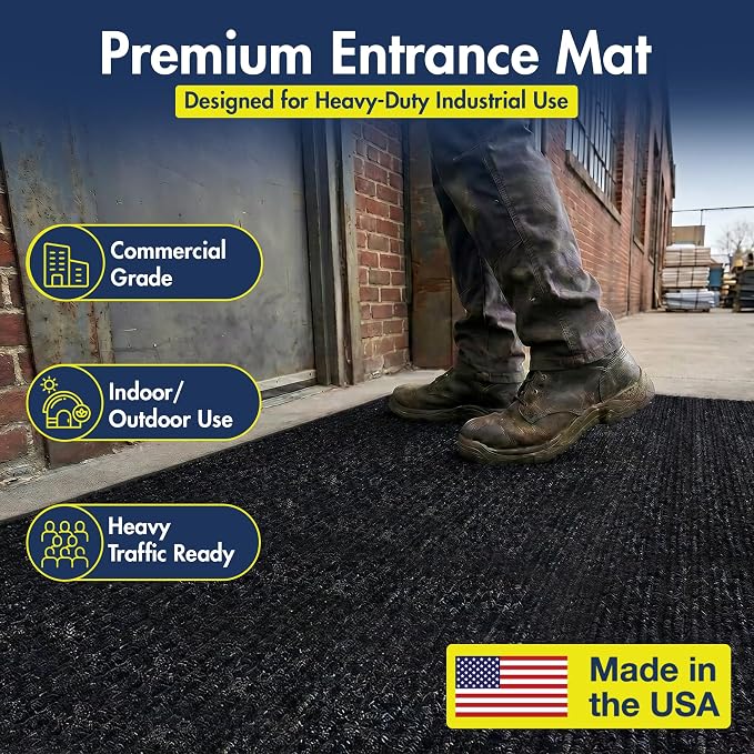 Notrax 109 Industrial Door Mat, 4' x 8' Large Entrance Mat, Heavy Duty Commercial Rugs for Entryway, Welcome Lobbies, Garage, and Mudroom, Made in the USA, Charcoal Black, Brush Step 109S0048CH